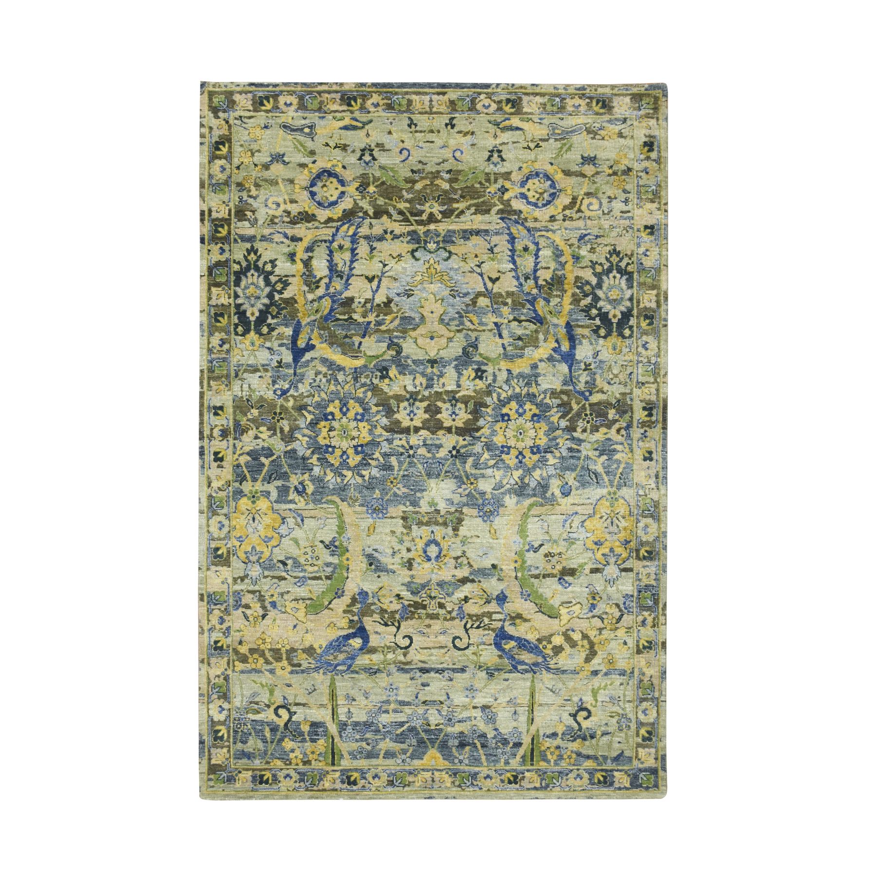 6'1"x9'1" Coffee Brown, Broken and Erased Persian Inspired with Birds Design, Hand Knotted, Distinct Abrash, Shaved Low, Pure Wool, Oriental Rug 